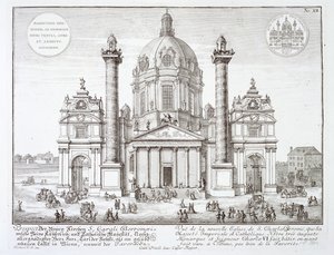Pyhän Kaarlen Borromeon kirkko (1538-84), Wien, "Historiallisen arkkitehtuurin suunnitelmasta", kaiverrus Johann Adam Delsenbach (1687-1765), 1721